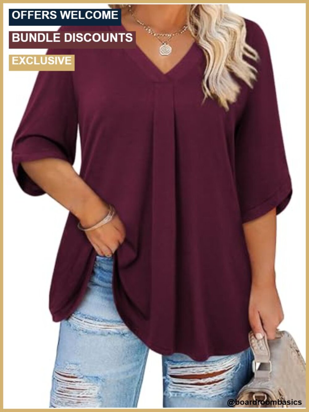 Plus Size V Neck Tunic Top 3/4 Bell Sleeve Blouse High Low Hem